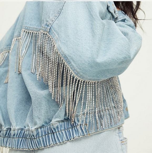 Free People Rhinestone Denim Bomber Jacket - Picture 2 of 15